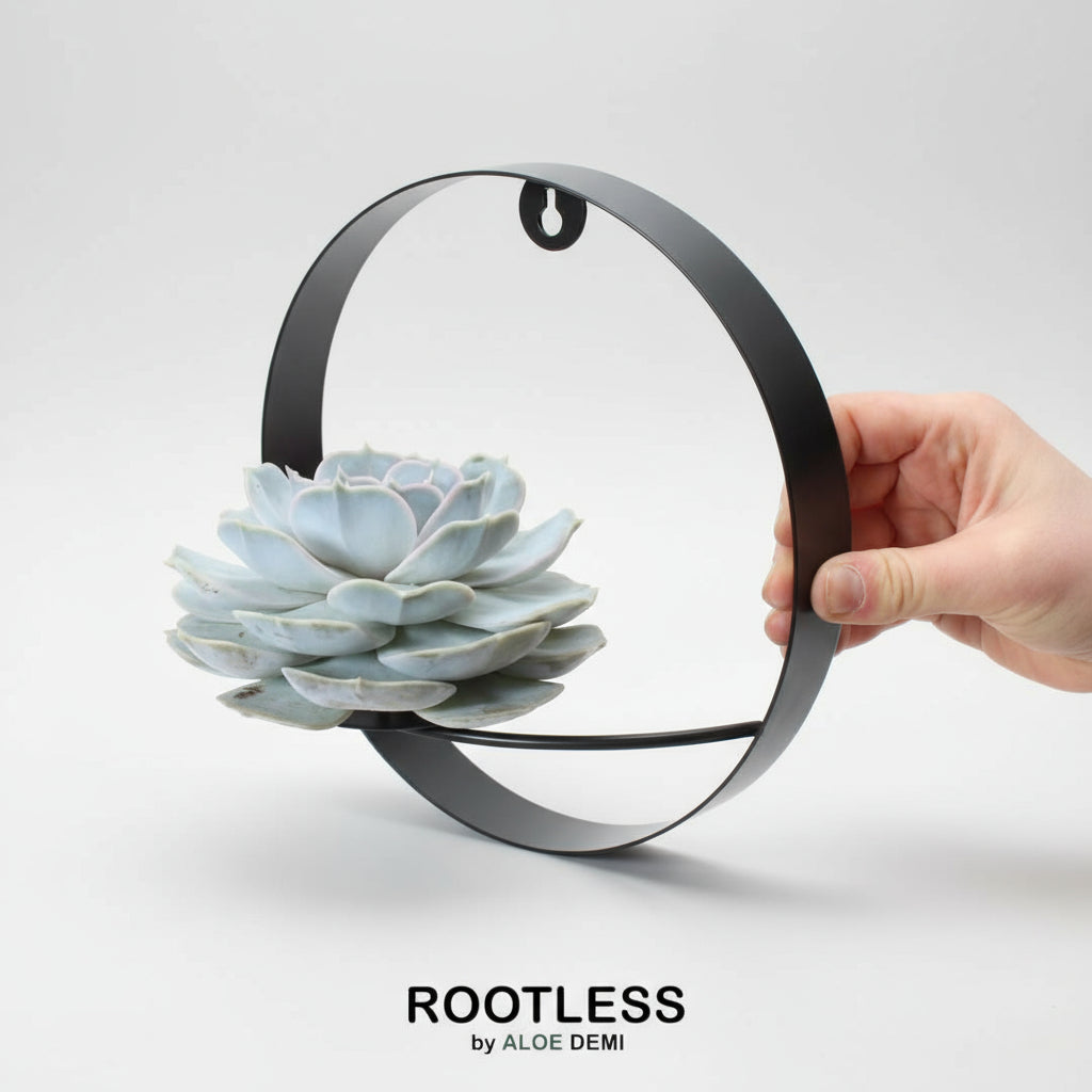 ROOTLESS Succulent Echeveria Lilacina auf Wanddeko Ring schwarz Ø20 cm - ↕20 cm